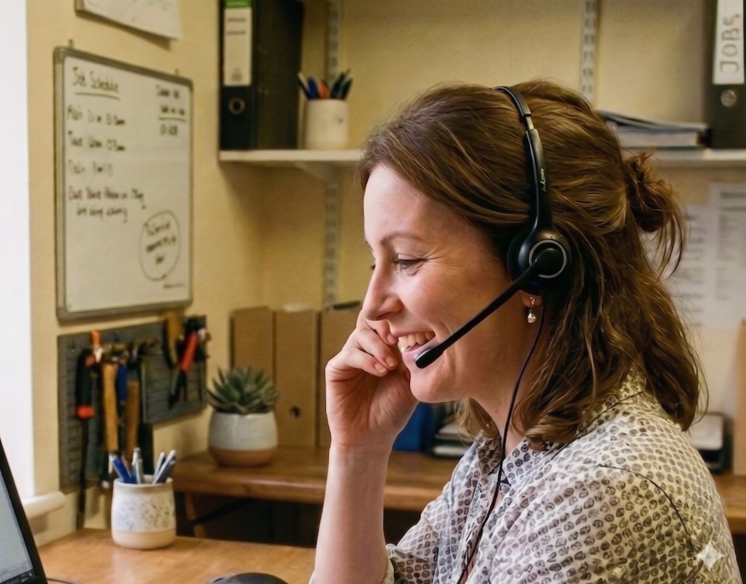 Woman with headset in office.